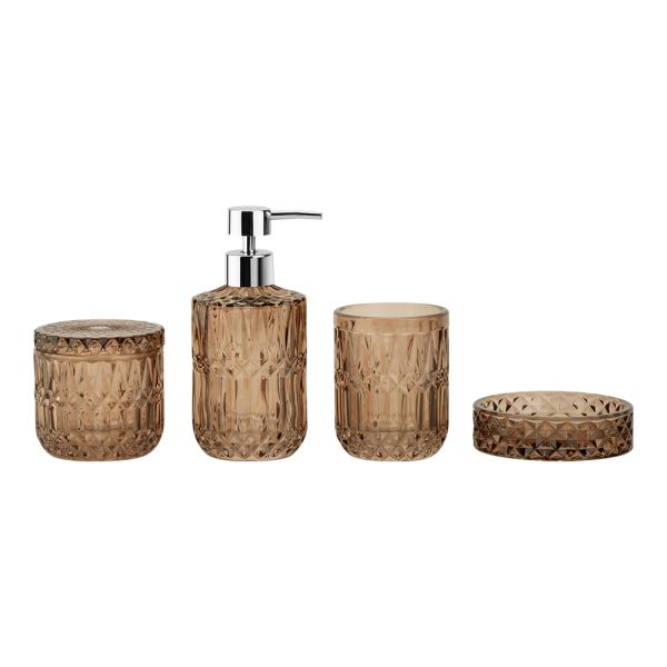 Glass bathroom accessories set round with diamond pattern lotion bottle with pump soap dish toothbrush holder