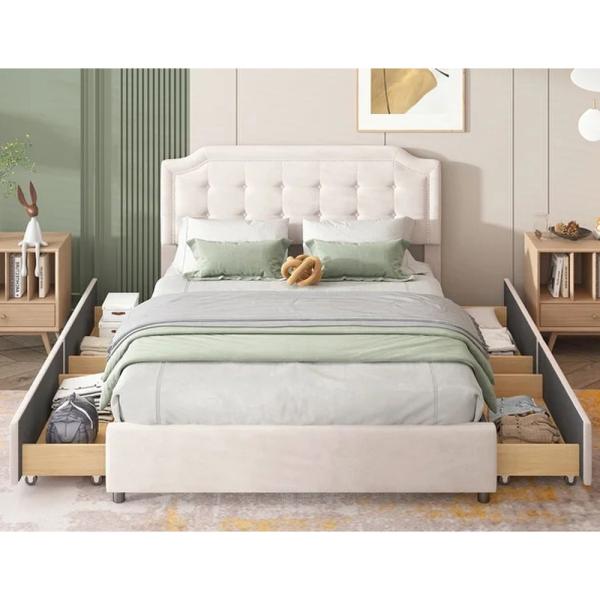 Queen Size Upholstered Platform Bed with Velvet Fabric Classic Headboard bed room set for Bedroom Apartment and Hotel