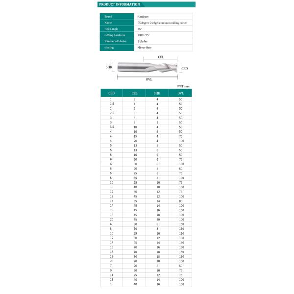 HRC 55 de alta calidad de carburo sólido de 2 flautas de fondo plano de la fábrica de venta para el procesamiento de aluminio CNC corte de fresado OEM ODM