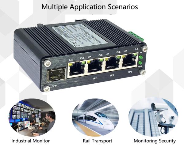 Mini Industrial 4-Port 10/100/1000T 802.3at PoE + 1-Port 100/1000X SFP Ethernet Switch with 12~48VDC Input and Voltage Booster