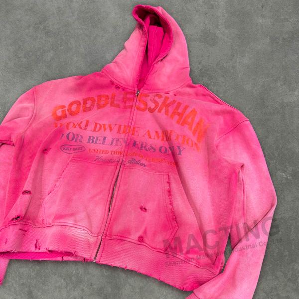 Custom 500 Gsm Heavyweight Distressed Hoodie Zip Up for Men/Unisex in Autumn