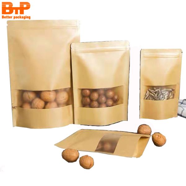 Multi-Size Recycled Kraft Paper Bag with Clear Window and Resealable Zipper for Food Grade Dry Storage
