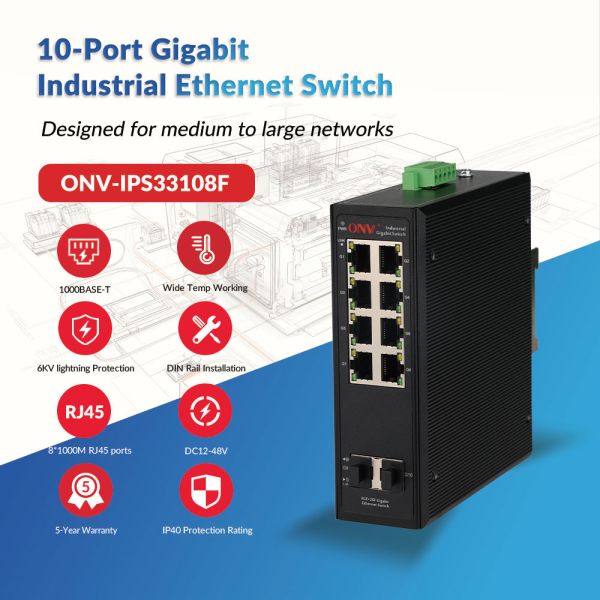 10-Port Gigabit Industrial Ethernet Switch With 8*10/100/1000M RJ45 Ports DIN Rail Mounting
