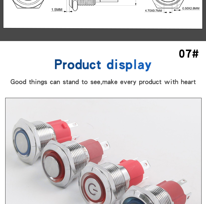19mm Metal Push Button Switch 10A High Current Latching Momentary LED 1NO 4Pins Flat Head High Head Switch IP65 Max Voltage 220V