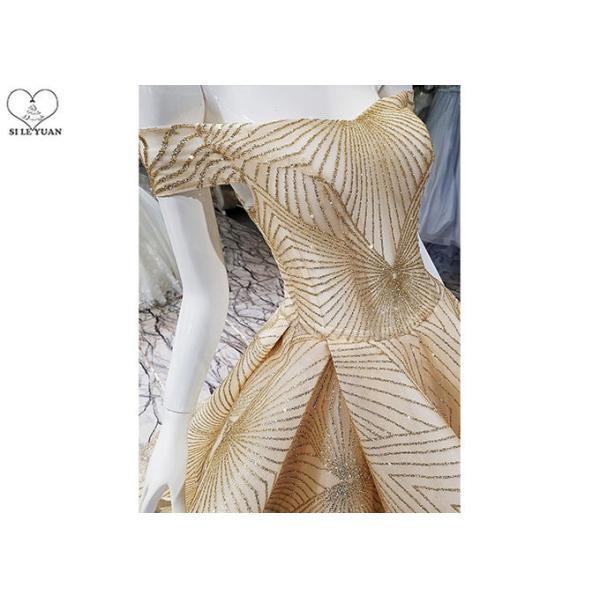 Special Gold Sequin Prom Dress Off Shoulder Short Sleeve Back Bandage Puffy Tail