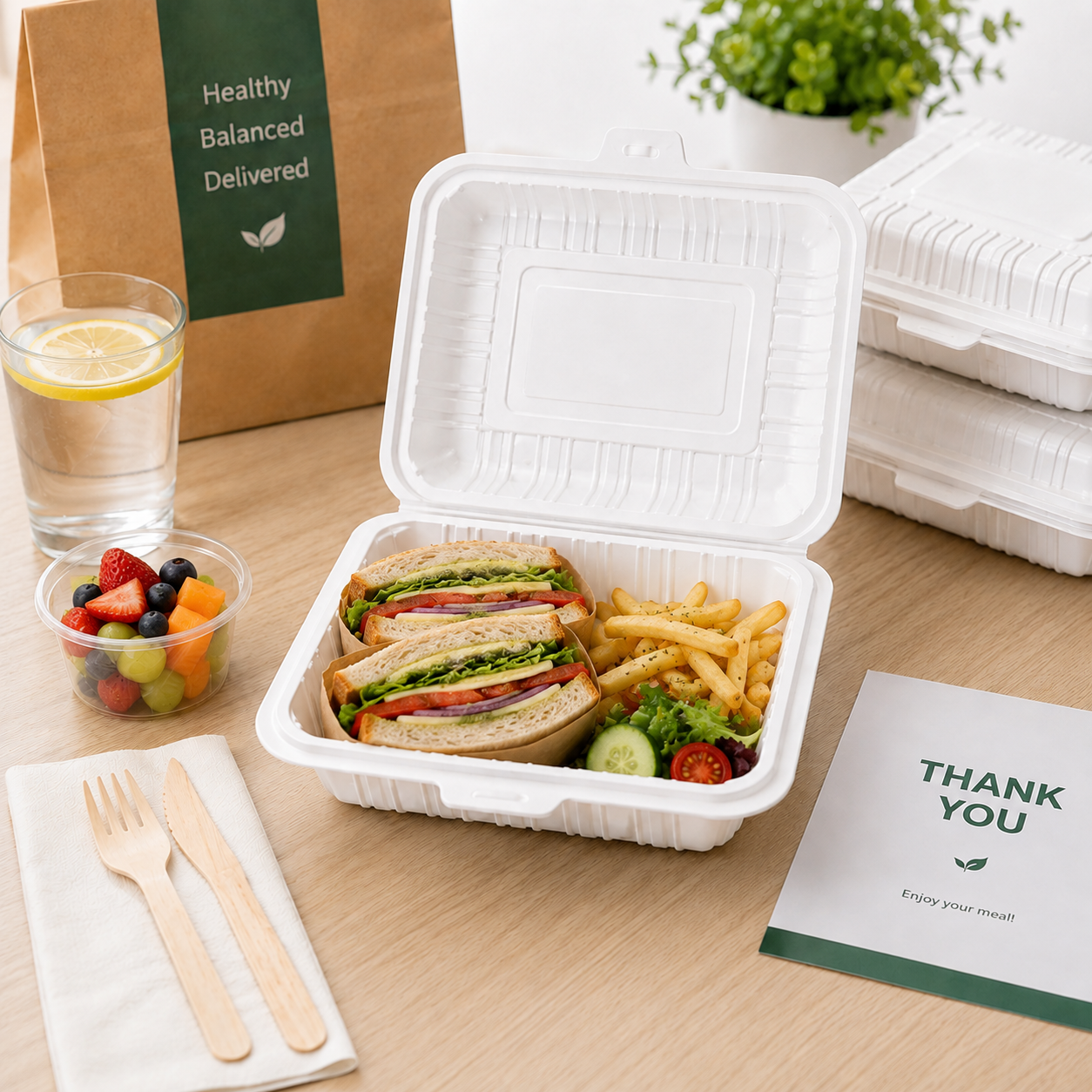 White Clamshell PP Lunch Box One Piece Hinged for Daily Takeaway