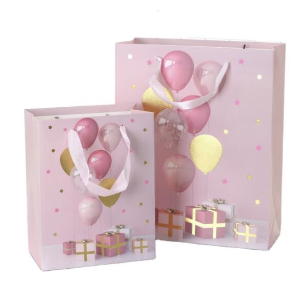 Gold Stamping Party Balloon Gift Bags With Handle Pink Printed Logo