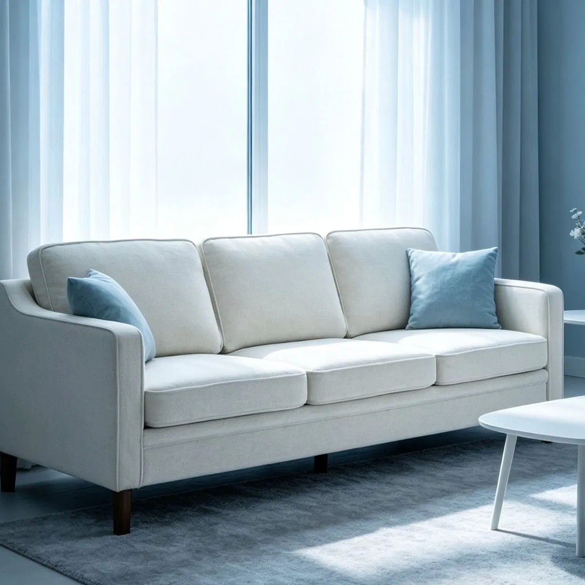 Affordable Cream Fabric Three Seater Sofa for Rental Apartment Living Room Furnishing Project
