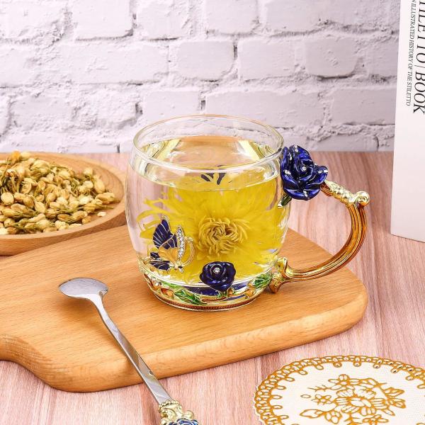 4 Conjuntos de Copas de Chá de Flores, Copas de Café de Vidro Vintage, com Colher