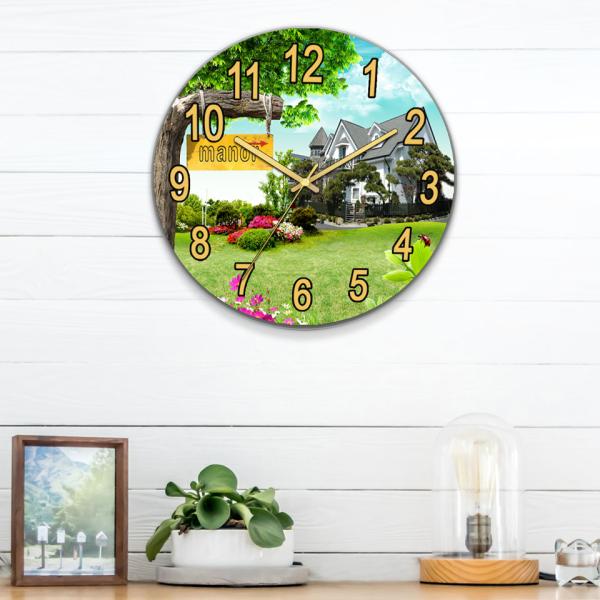 Home Wall Decoration Glass Wall Clock with Scenic Landscape Design and Oil Painting