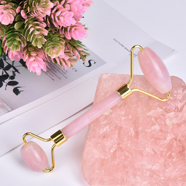 Facial Jade Roller with Double Rollers in Natural Rose Gold Rose Quartz Material