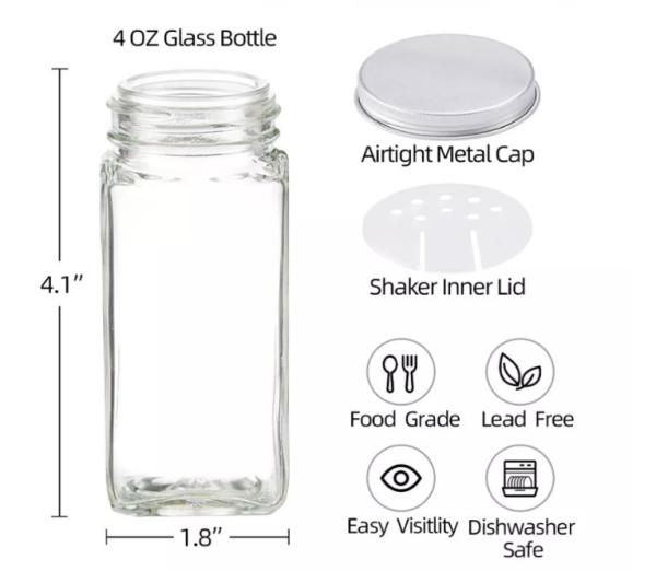 frascos quadrados da especiaria da cozinha de 12pcs 120ml com tampas de Shaker Lids And Airtight Metal