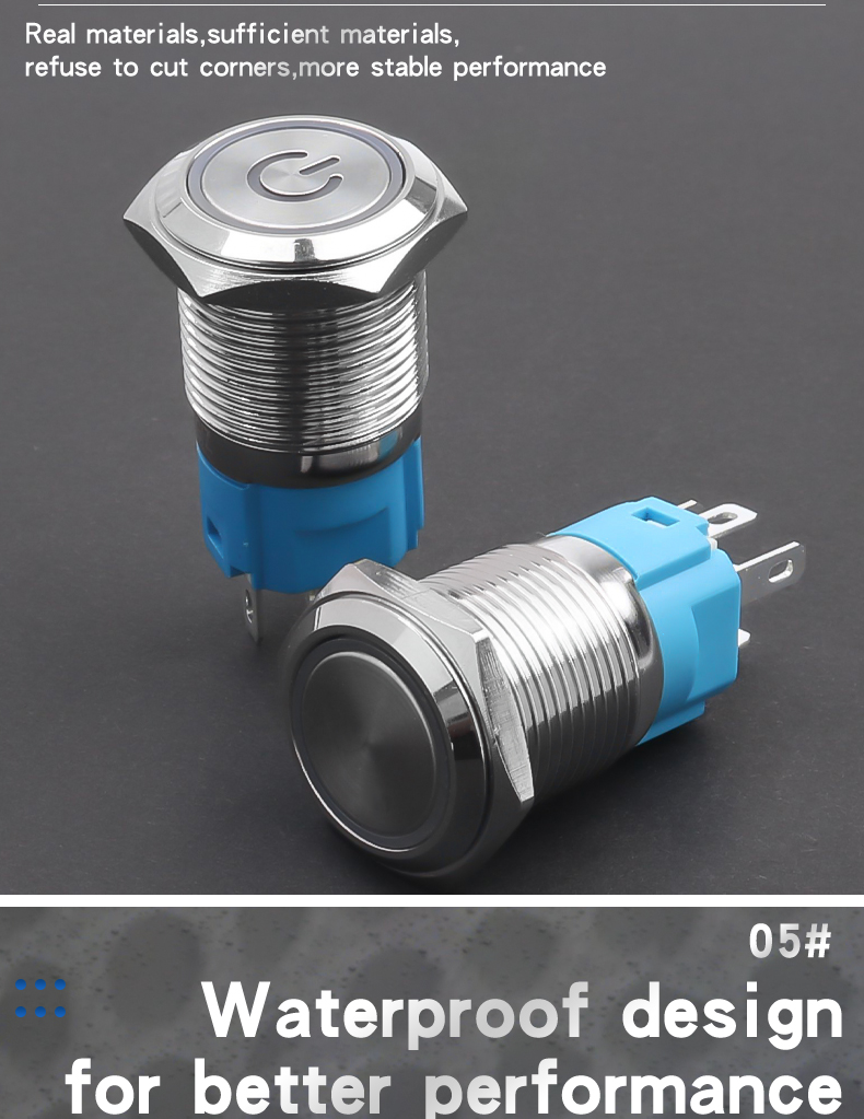 16mm Latching/Momentary Metal Push Button Switch Copper Nickel Plated Shell 1NO1NC With LED Lights 5Pins High/Flat Head