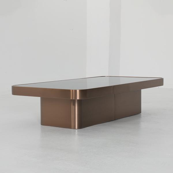 Living Room Stainless Steel Square Central Coffee Table Matt Rose Gold Satin Finish Black Glass Top Metal Legs