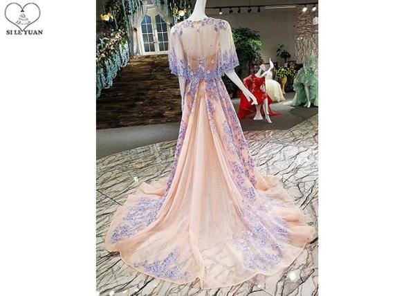 Backless Tailor Made Prom Dresses , Deep V Neck Floral Ball Gown Bat Wing Sleeve