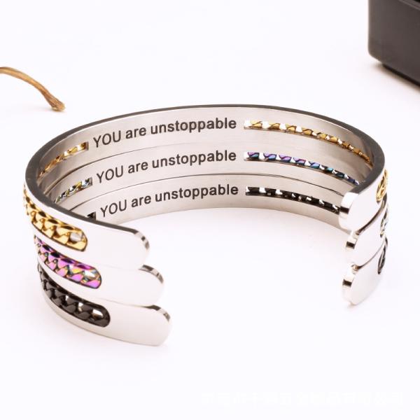 Inspirational titanium steel bracelet magnet health care color chain Seiko C-shaped opening OEM logo words bracelet