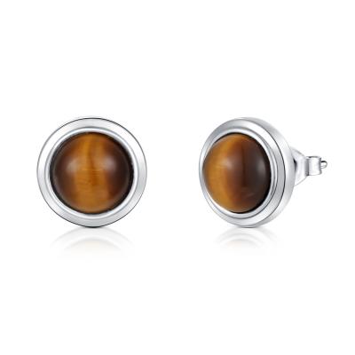 Rhodium Plated 925 Sterling Silver Gemstone Earrings Round Tiger Stone Earrings