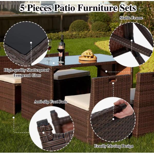 5 Piece Pe Rattan Furniture Dining Tables And Chairs Aluminum Waterproof Outside Patio Lounge Outdoor
