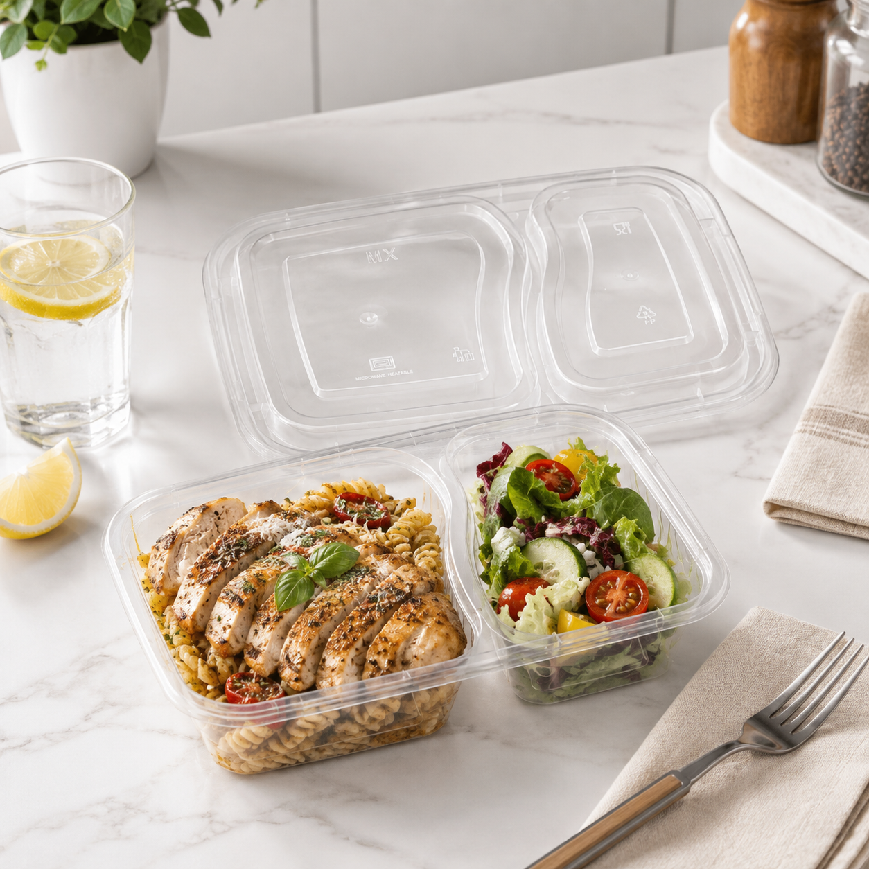 1200ml Slim Two Section Clear PP Divided Food Container for Bulk Meals
