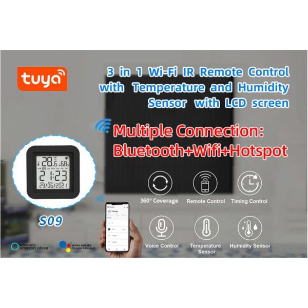 SIXWGH 3-in-1 Smart Home Automation Device Tuya Wi-Fi IR Remote Control LCD Screen Temperature Humidity Sensor Voice Control