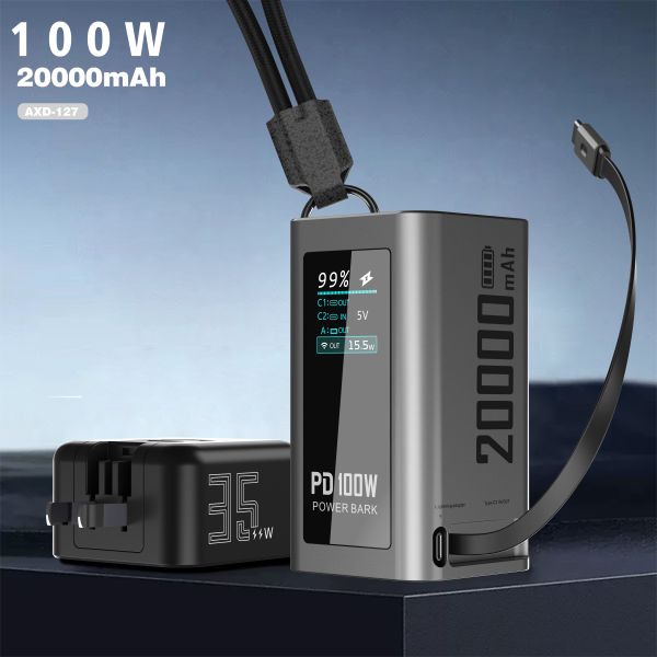 LED Display AC Plug Power Bank 20000mAh 100W Output with Retractable Cable