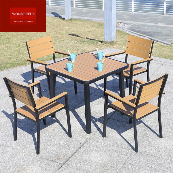 Outdoor Yard Wood Furniture in Black Aluminum Frame with Yellow Plastic Wood Table Set
