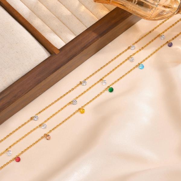 Fashion Luxury Lady Women's Jewelry Gold Plated Stainless Steel Charm Bracelet with Colorful Zirconia for Women