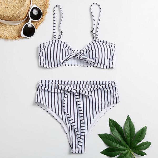 Tiered Layer Tie a Knot Front Top With Low waist Bikini swimsuit high cut