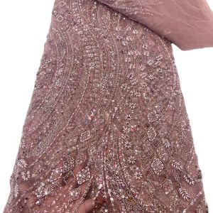 Latest fashionable aso ebi beaded lace wedding dress with shiny beaded French mesh lace with colorful beaded