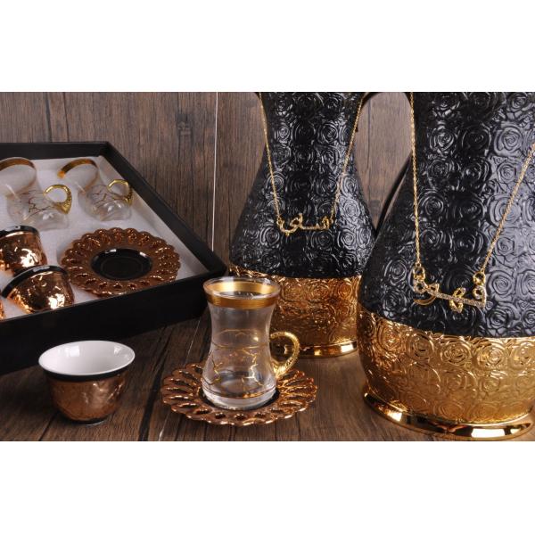 Stocked Royal Black Gold Arabian Glass Liner Carefe Porcelain Cawa Cup 1L Tea Coffee Kettle Set Dallah Pot Arabic Coffee Vacuum Flasks