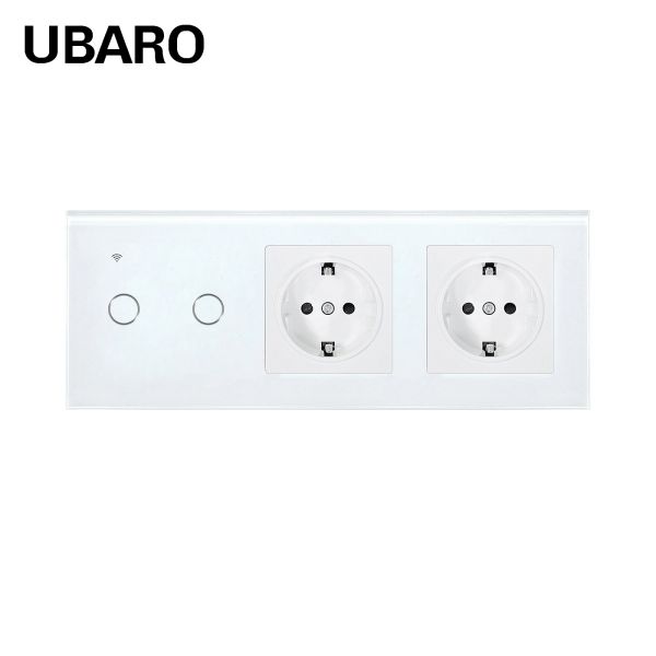 UBARO 228 Type 2-Gang Smart Switch and Socket with Tuya WiFi Voice Control Tempered Glass Panel and Dual EU Standard Sockets