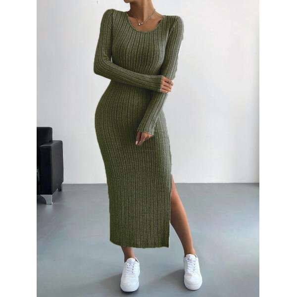 2024 Autumn and Winter New Long sleeved Round Neck Split Knitted Long Dress for Women