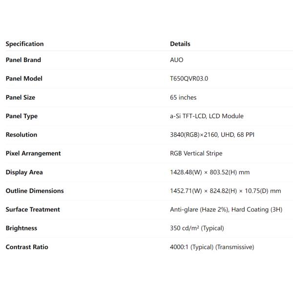 T650QVR03.1 AUO LCD Panel 65