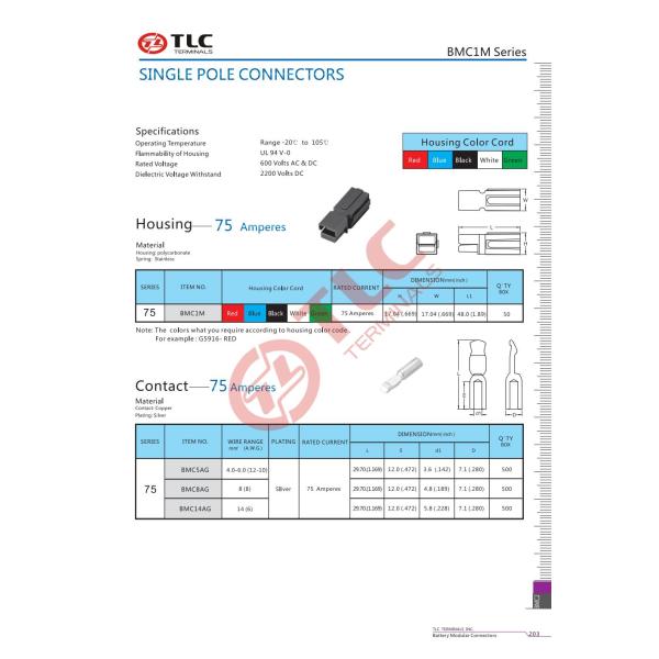 Battery Modular Connectors 75A 600 Volts AC DC Single Pole Power Connector