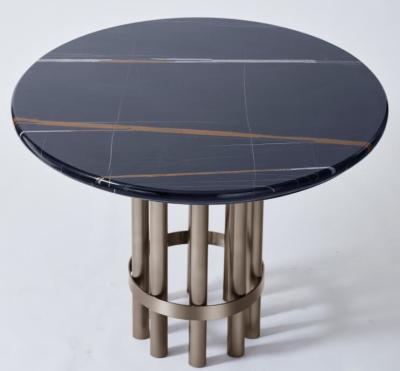 Port Laurent Marble Top Wooden Dining Room Tables With Dark Bronze Finish Metal Base