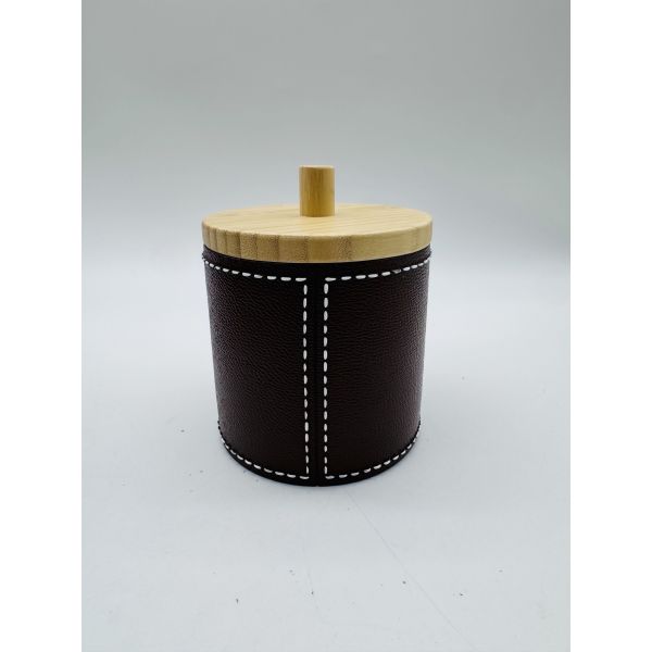 Polyresin bathroom accessories set round with leather effect and bamboo resin lotion pump bottle bath set