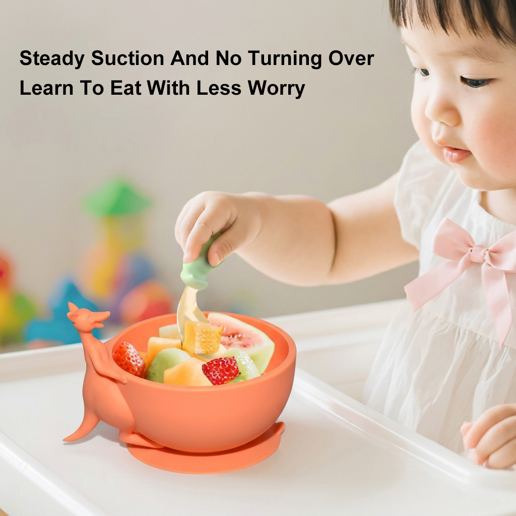 Portable Baby Silicone Suction Bowl with Silicone Lid Kangaroo Shape Spill Proof Toddler Feeding Dish  Baby Gift Set