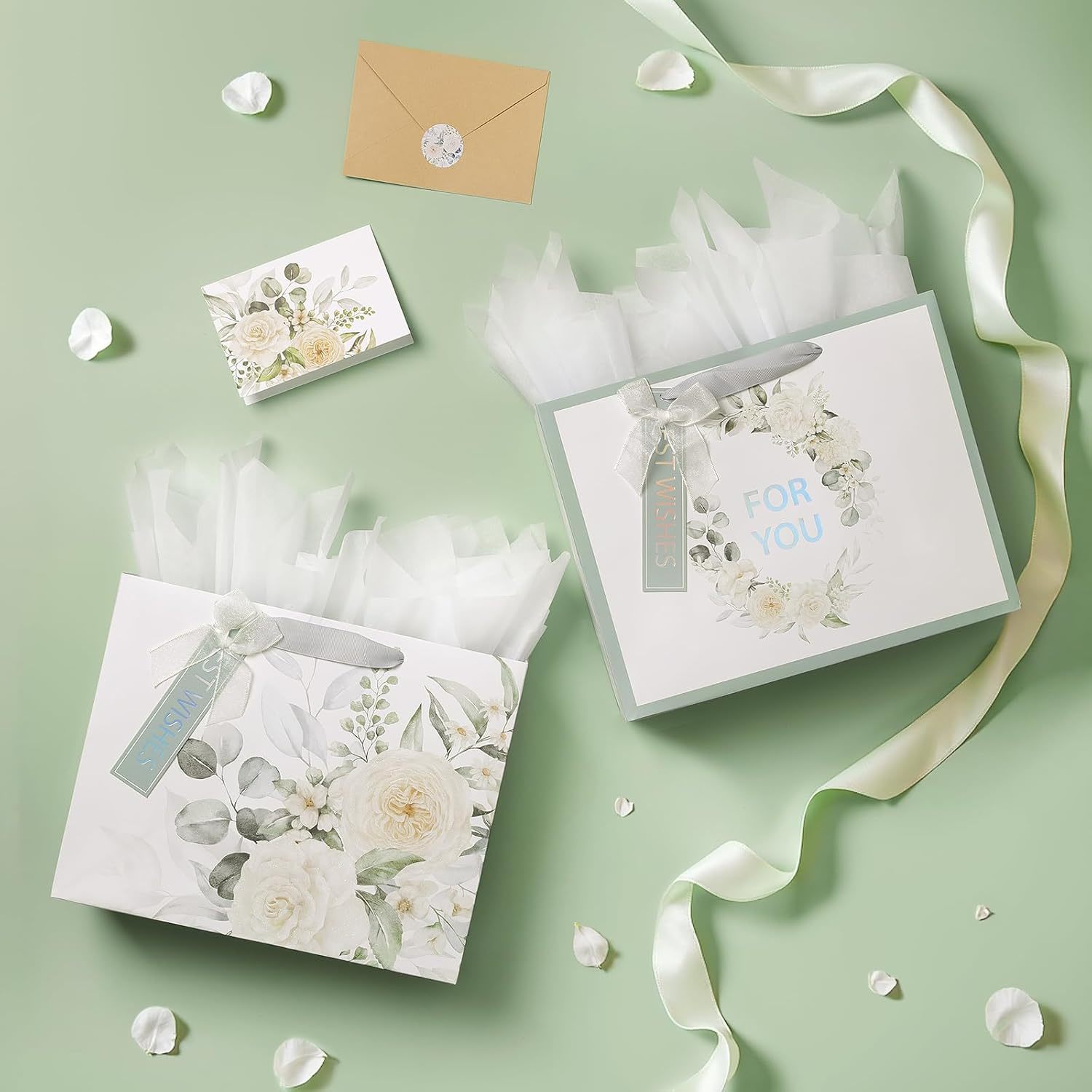 Floral Gift Bag Set With Ribbon Handles And Greeting Card For Luxury Retail Packaging