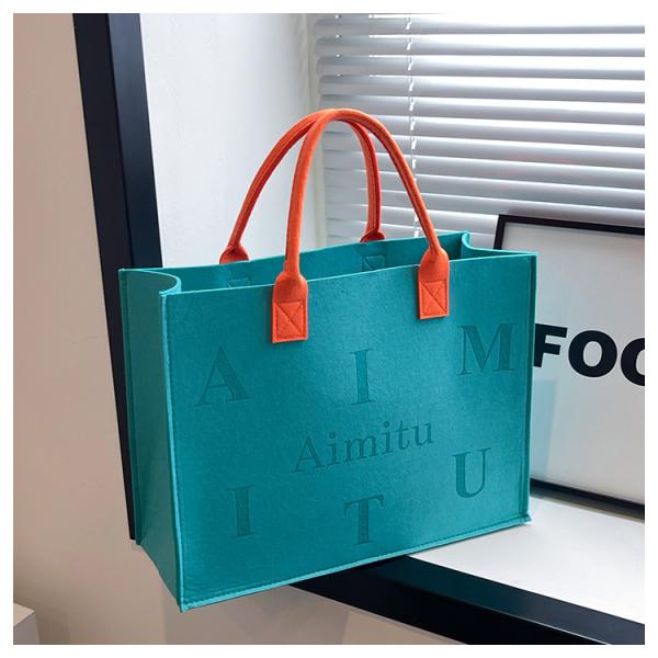 Portable Promotion Custom Printed Logo Felt Tote Bag Handbags Wool Felt Grocery Shopping Tote Bag Wholesale Fashion Women Daily Felt Gift Tote Bag With Outer Pocket
