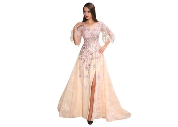 Flower Applique Long Sleeveless Evening Dress A - Line Dress For Wedding Or Ceremony