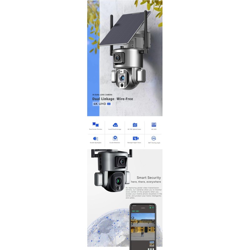 4K Dual Screen HD Solar Power Camera Wifi 10X Optical Zoom IP Camera PTZ CCTV Outdoor Camera with Night Vision