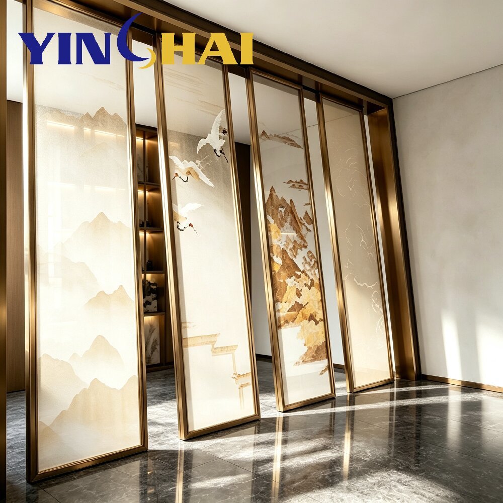 Custom Stainless Steel Frame Art Glass Partition Screen For Interior Decoration