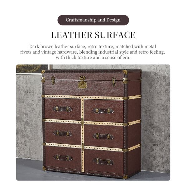 Nidea #305 Vintage Brown Genuine Leather Aviator Storage Trunk Cabinet Side Table Chest Cabinet Industrial Aviator File Furniture
