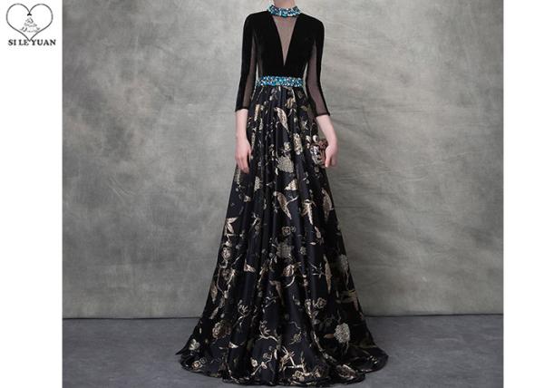 Birds Pattern Black Long Sleeve Ball Gown Blue Diamonds Beaded Back Hollow