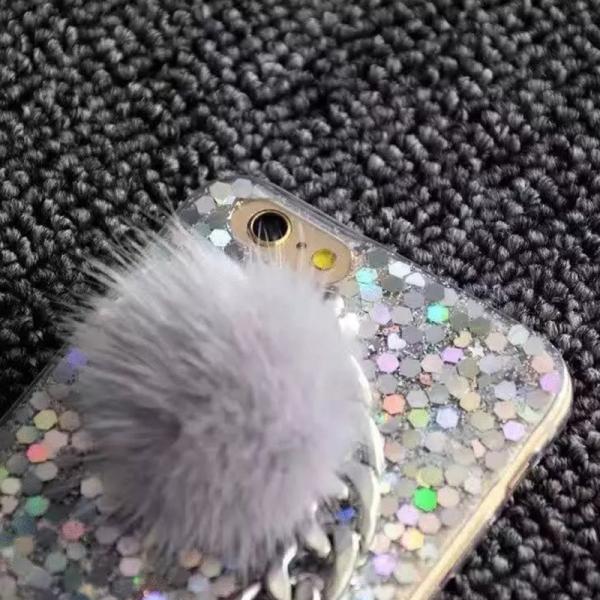 Soft TPU Flashing Sequins Metal Chain Bracelet Small Hairball Cell Phone Case Back Cover For iPhone 7 6s Plus