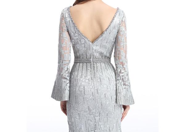 Mandarin Sleeve V Neck Sexy Long Sleeve Lace Formal Dress Floor Length