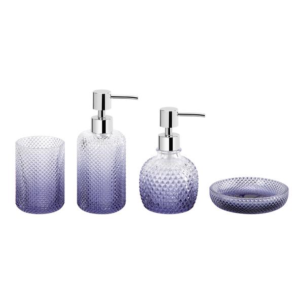 Glass Bathroom Accessories Set Luxury Ombre Blue Round Shape Diamond Pattern Lotion Pump Bottle Two Size