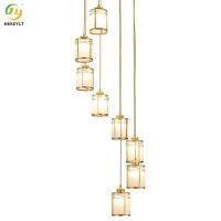 All Copper Stair Pendant Light  Living Room Villa Duplex Building Rotating Long Light