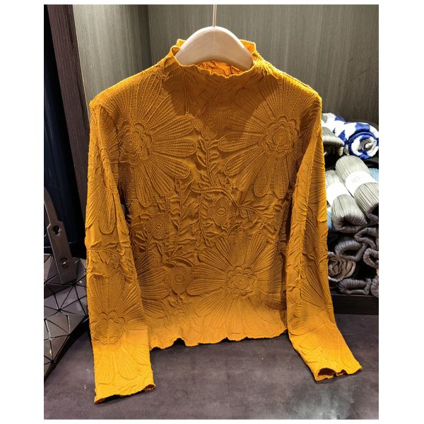 Japanese Pleated Stand Collar Long Sleeve T-shirt Top Printed Pleated Embodying Pleated Process Makes Flower Fashionable