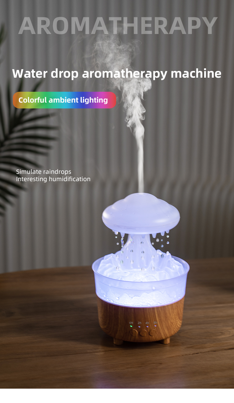 New Arrival Portable Electric Wood Grain Air Rainfall Mushroom Water Drop Aroma Diffuser Rain Cloud  Humidifier